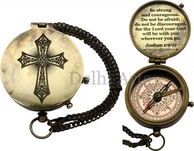 Be Strong and Courageous verse and cross engraved on Brass Compass