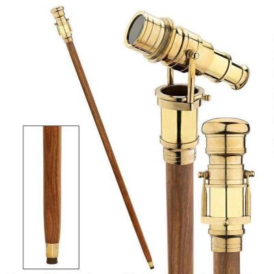 Vintage Shiny Brass Handle Victorian Telescope Foldable Wooden Walking Stick
